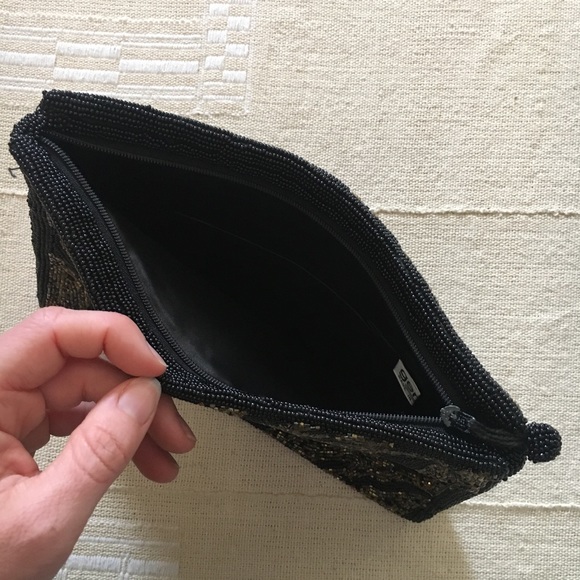 Beaded zippered pouch clutch black gold zebra - Picture 3 of 5